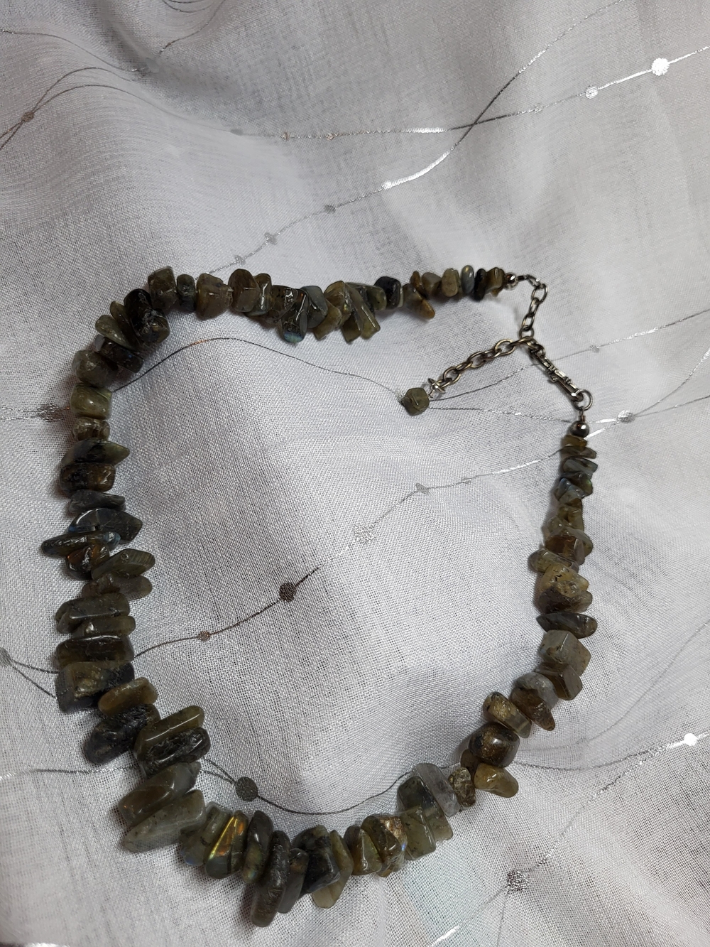 Labradorite Unisex Green Blue Gemstone Chip Bead Necklace 19" With 3" Adjust